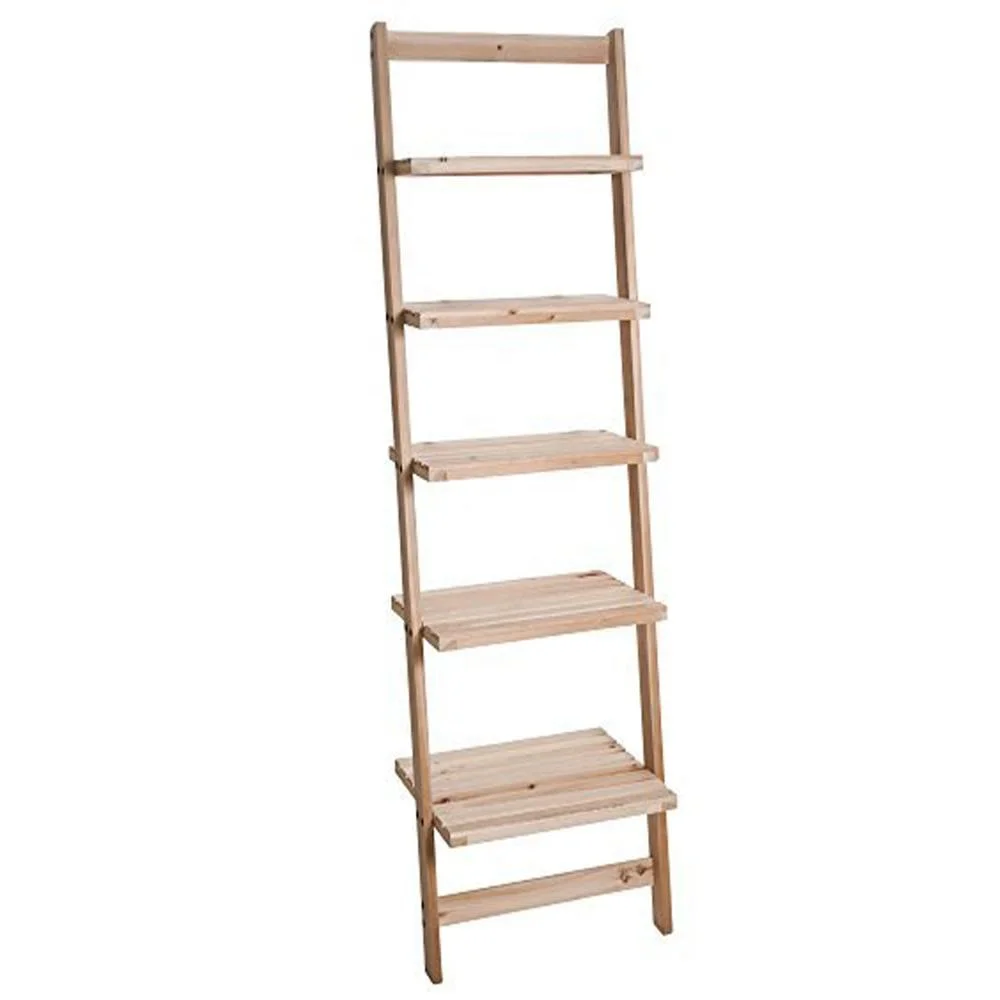 
Natural 5 Tier Leaning Ladder Shelf Pine Wood Standing Shelf 