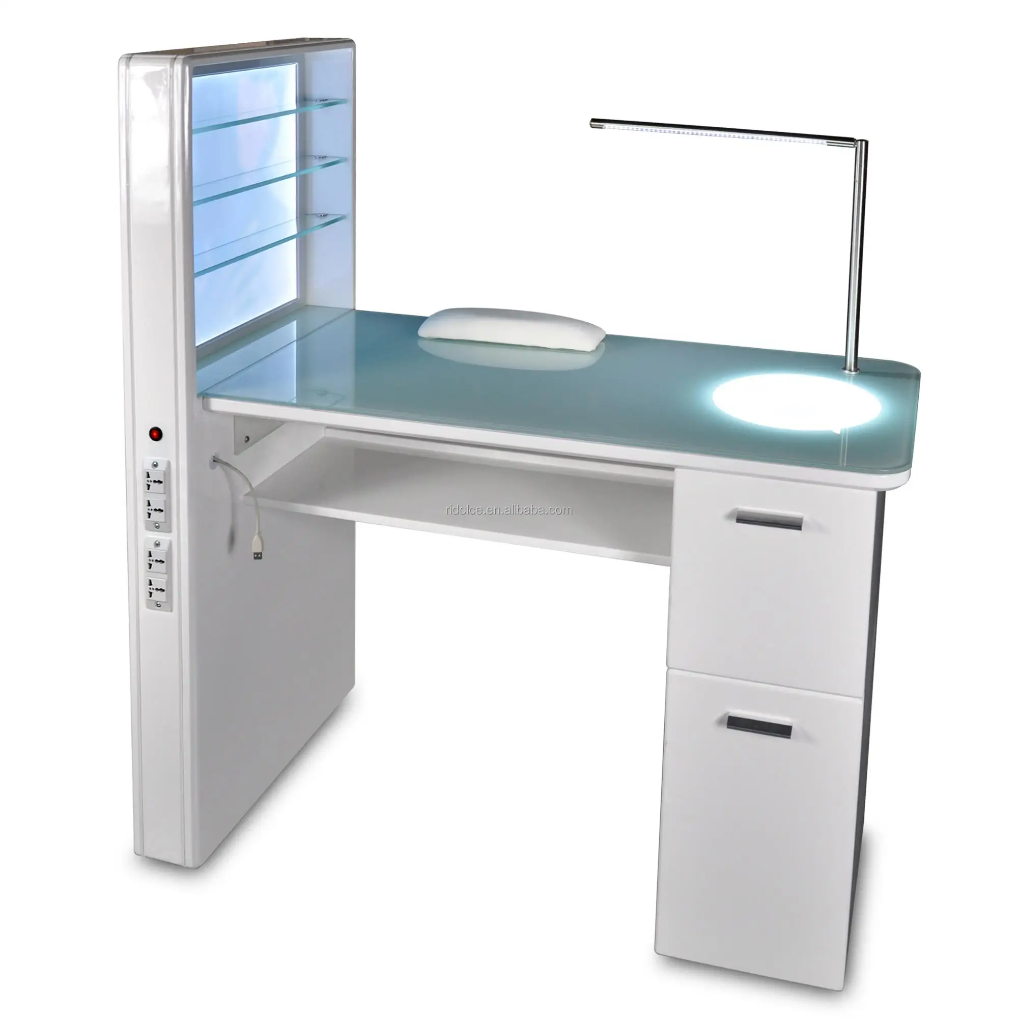 
 Профессиональная настольная станция для маникюра из белого дерева и стекла для маникюрного салона, стол для маникюра со светодиодной лампой  