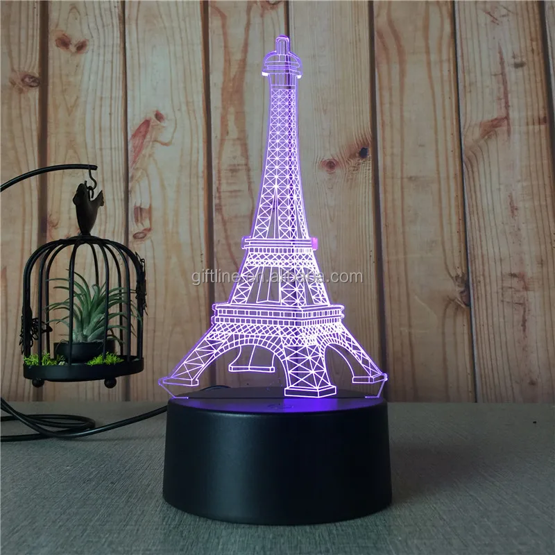 Custom The Eiffel Tower Acrylic 7 Colorful 3D Optical Illusion Night Light LED Table Desk Lamp