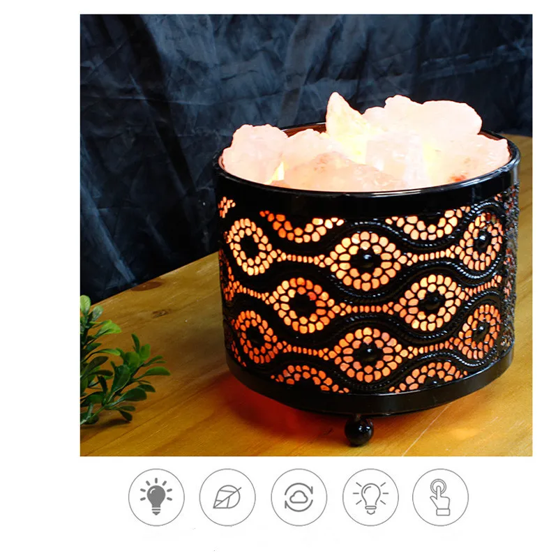 
Natural Rock Salt In Iron Basket Table Lamp For Health Care 