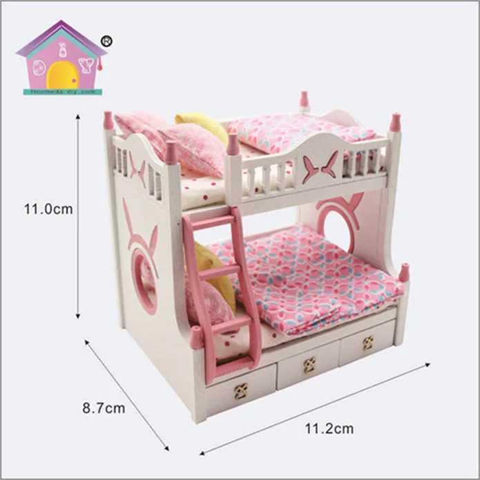 Children furniture bunk bed pink dolls house furniture mini toy doll house furniture 1/18 scale cheap