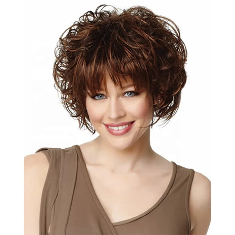 2021 fashion style wig heat resistant  rose net fluffy short roll fluffy wave brown bangs synthetic hair wigs for women