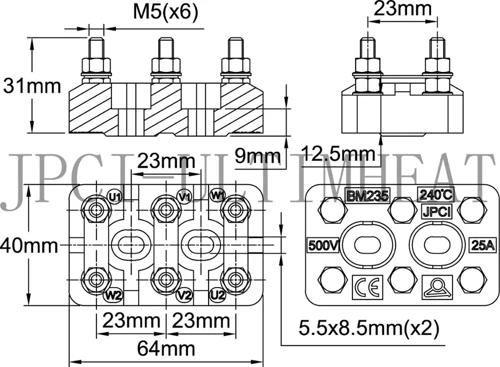 Type BM,  Terminal blocks in ceramic for 3 phases asynchronous electrical motors, 500V range