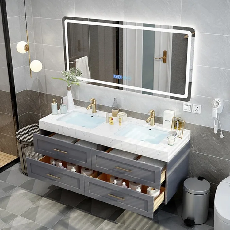  Скандинавский светло-серый коммерческий дубовый плавающий туалетный столик комбинированный настенный современный отель 2