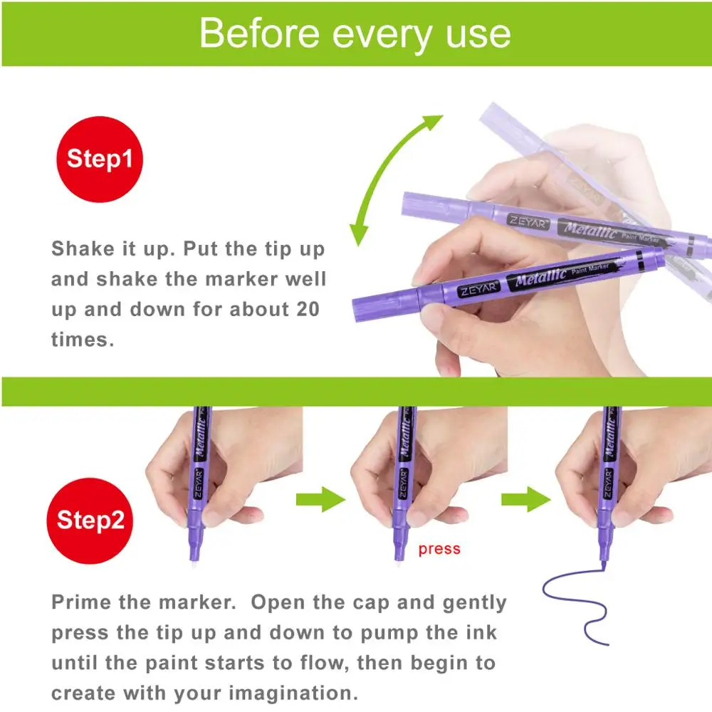 Customization  ZEYAR Metallic  Paint Marker Water-based Valve Action Paint Pens, Fine Point Acrylic Tip, 12 colors