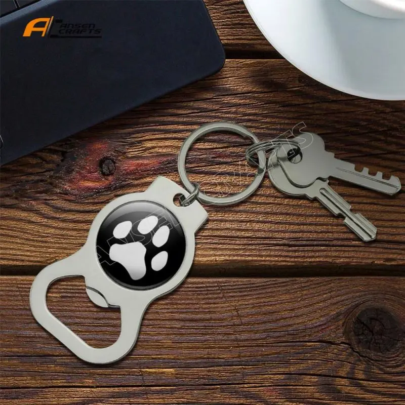 Paw Print Dog Cat White on Black Bottle Cap Opener Keychain Key Ring