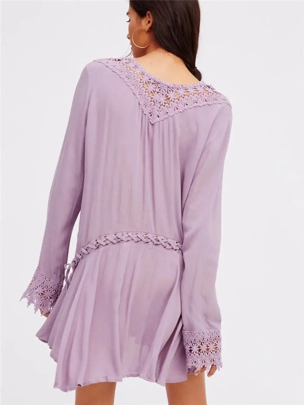 Lady V-Neck Long Sleeve Boho Sexy Deep Hook-Out Openwork Lace Midi Dress