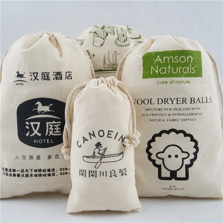 Wholesale Custom logo printed small 100% cotton muslin drawstring gift bag, soft cotton pouch printing logo