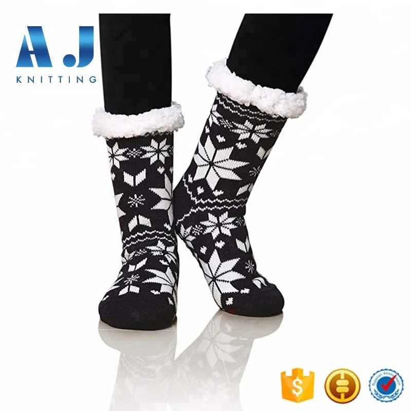 AJ18200 Wholesale Thick Sherpa Fleece lined Non Skid Fuzzy Slipper Socks for Women