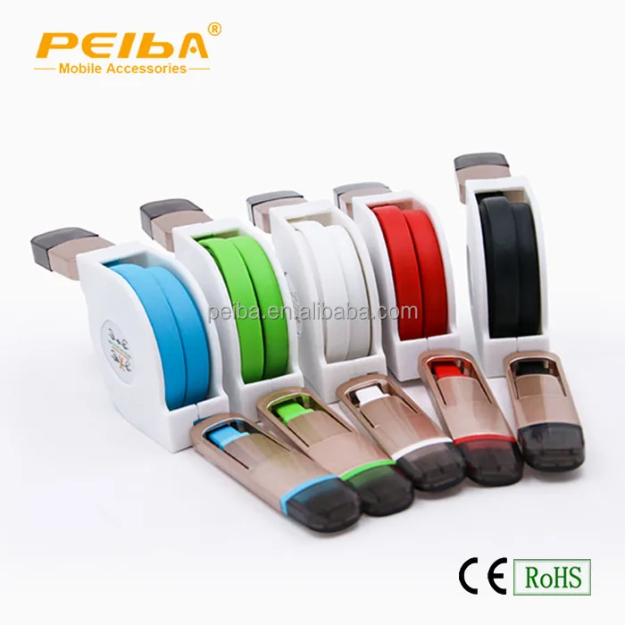 
TPE Portable Mini Retractable cable reel Colorful Flat 2 in 1 USB Data Cable For All Phones 
