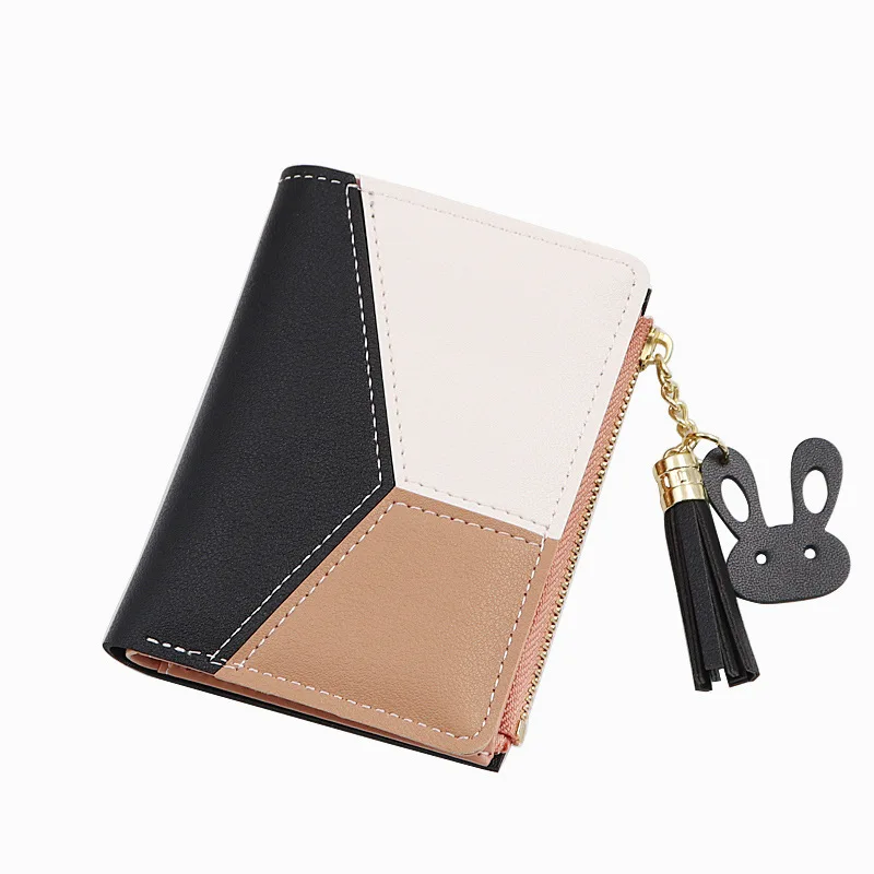 Trendy Cheap Coin Purse Ladies Brand PU Leather Patchwork Matching Colors Mini Pouch Key Holder Short Wallet