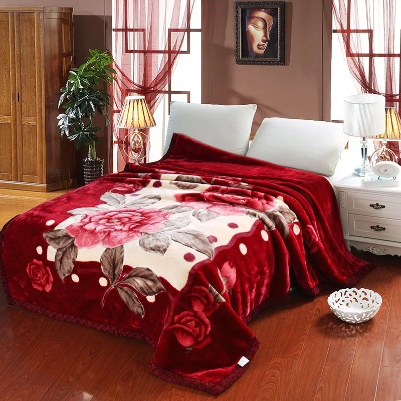 Yutong Raschel Blanket Polyester Double-layer Thick Blanket Winter Warm Flower Printed Pattern Soft Sleeping Blanket 5KG
