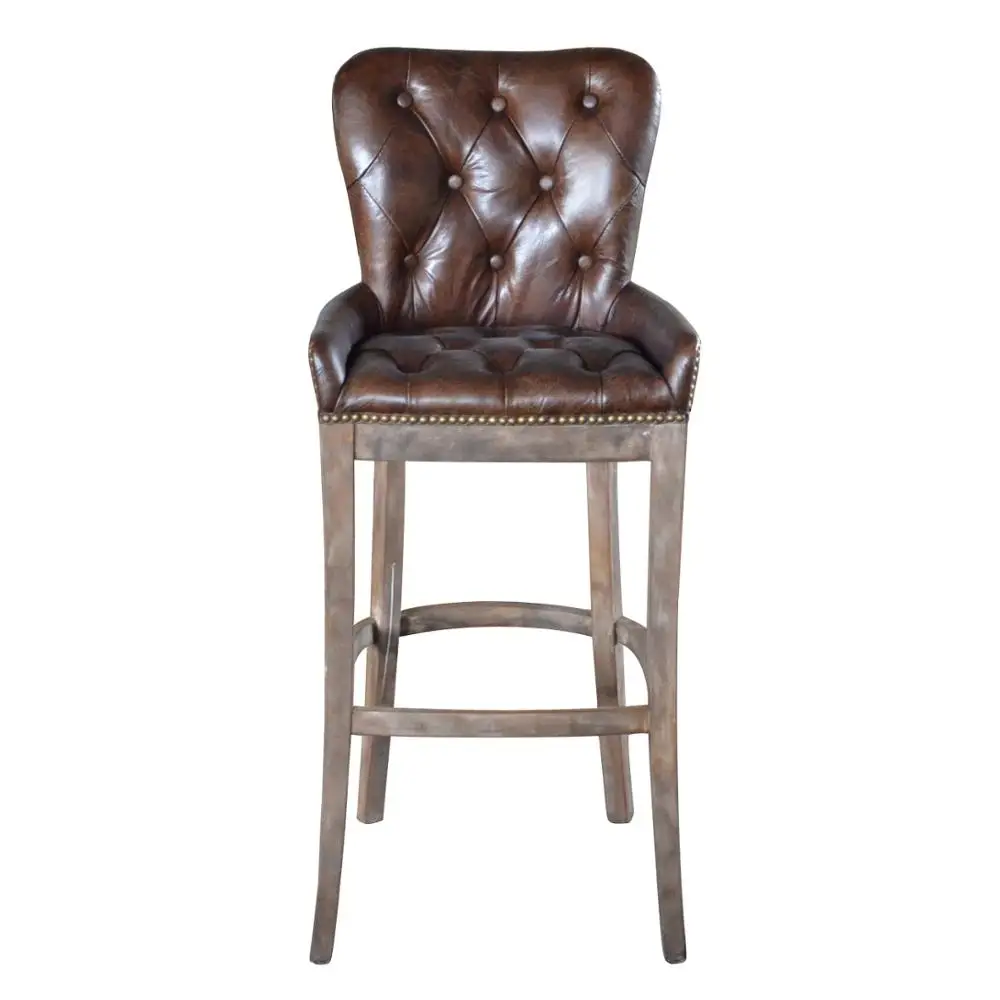 Antique Wood Chesterfield grey leather bar stools with back  Vintage Chair