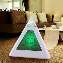 New 7 LED Color Pyramid Digital LCD Alarm Clock Thermometer PTSP
