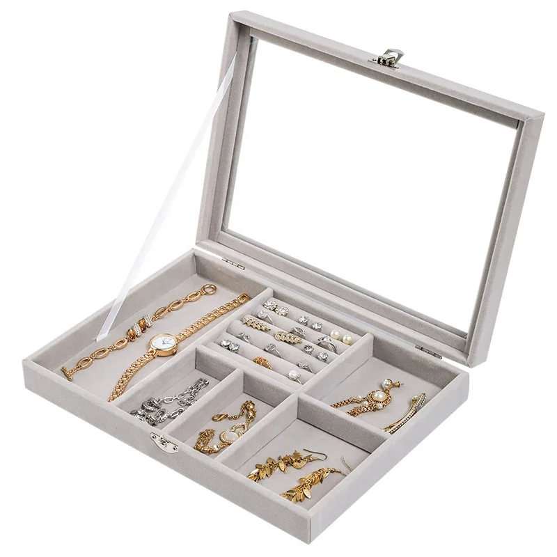 
Glass flannelette Acrylic Tray Showcase Display Ring Luxury Storage Boxes Organizer Velvet Jewelry Box 