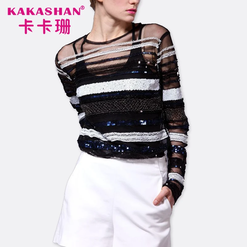 
New Design Ladies Long Sleeve See Through Mesh Beaded Sequin Blouse 