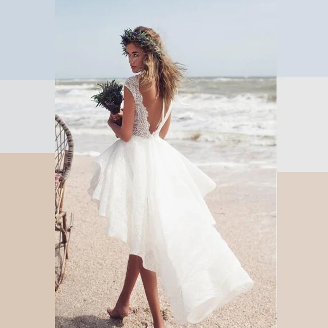 Knee Length Short Sleeve Pattern White Beach Style Short Front Long Back Sexy Wedding Dress