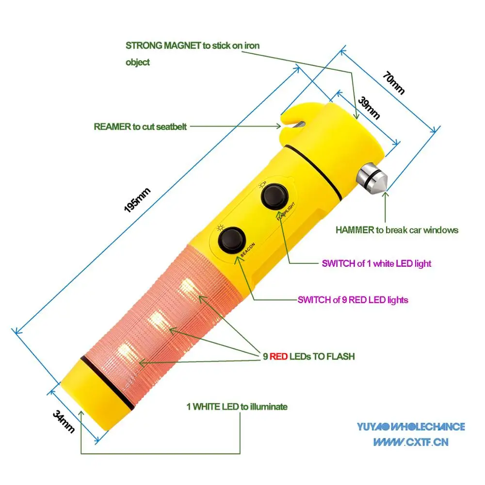 3 in 1 Flashlight Car Emergency Hammer Beacon