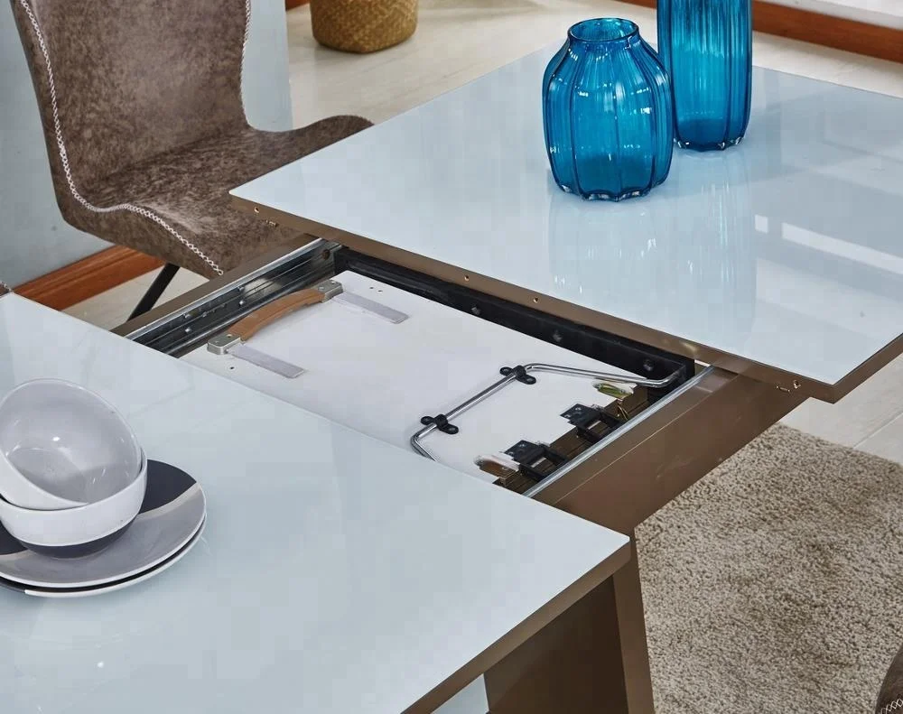 Modern Large Extendable Adjustable Tempered Glass Top Dinning Table Wooden Kitchen Dining Room Table With Glass Top Designs