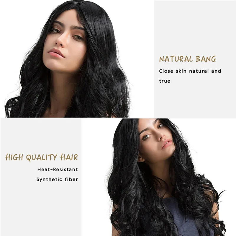 BVR Heat Resistant Black Long Curly Wave Perruques Naturelles Synthetic Fiber Wig