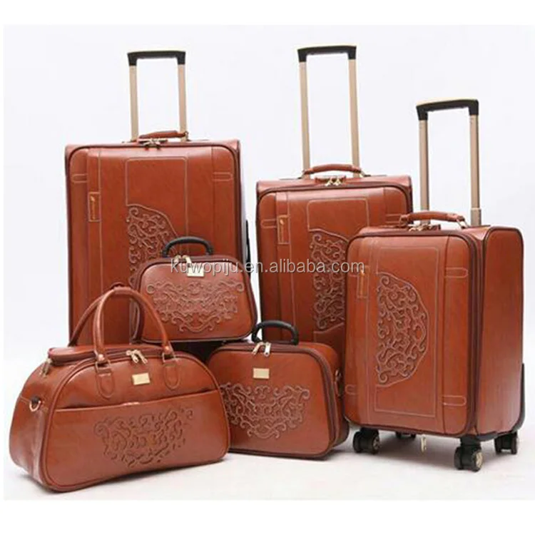 brown carving leather pu 6 piece valise set suitcase travel luggage