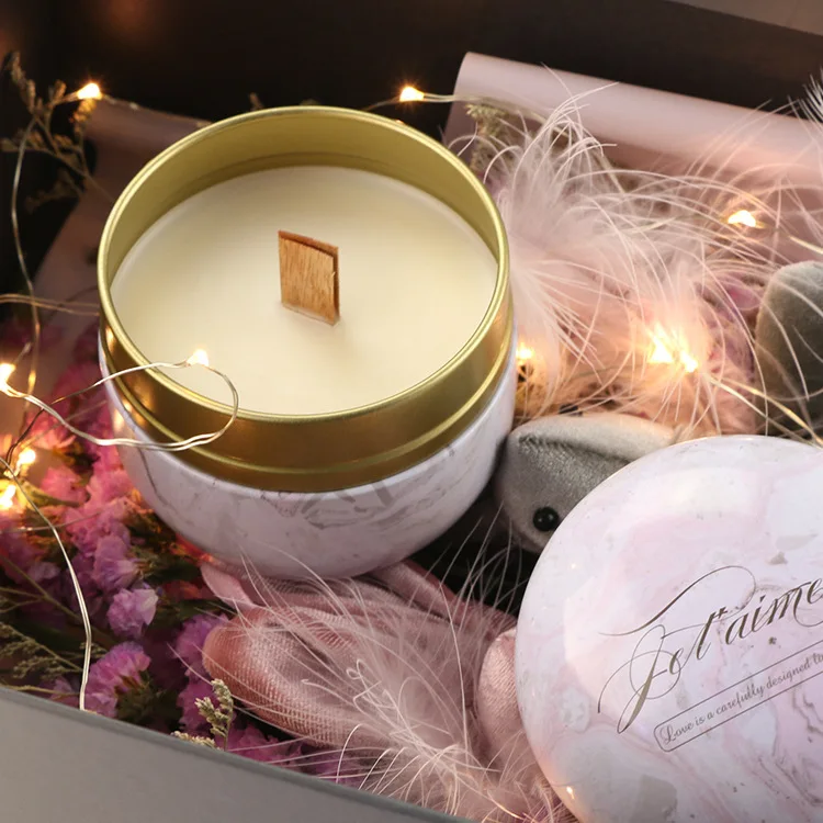 
jar with lid holder metal wooden wick scented wholesale candle tin 