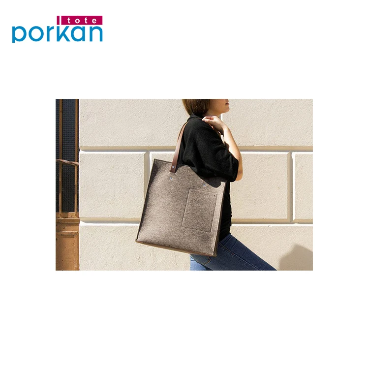 Wholesale Custom Logo Puff Printed Felt Shopping Tote Bags with Leather Handle Customized Size 1c by Puff Print