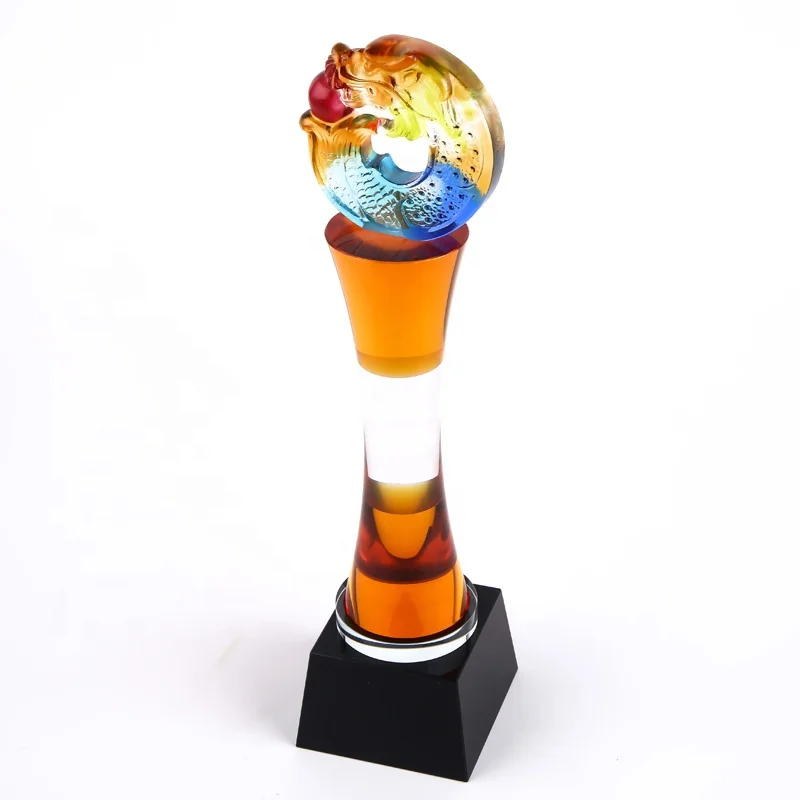 New hot selling customized crystal trophy with Liuli dragon and colorful wreathed column for gifts