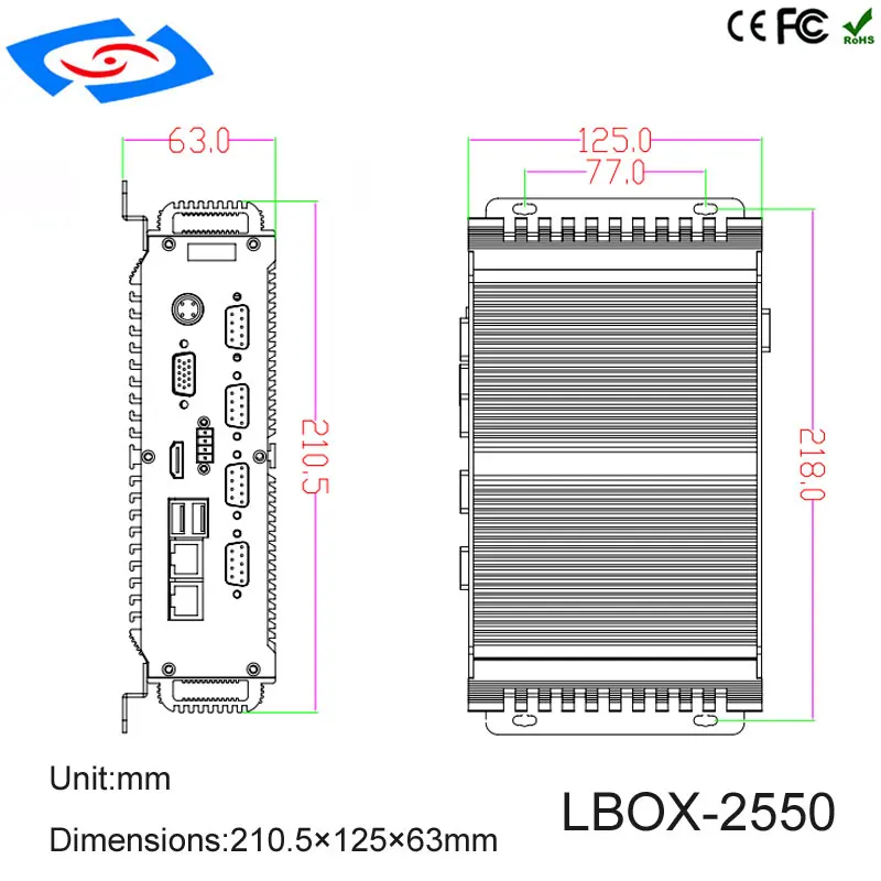 Fanless Mini PC with Intel Atom CPU 64GB 128GB SSD 2 LAN 6 COM 1xHDMI Industrial Computer