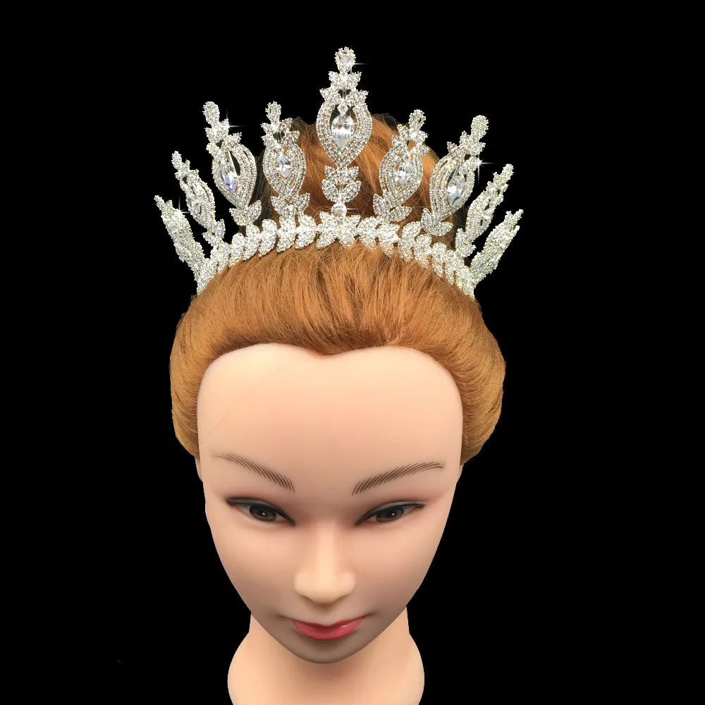 Echsio Crystal Big Ladies Wedding Crown Tiaras Antique Queen Victoria Silver Plated Crown Jewelry, Luxury Wedding Jewelry BC3121