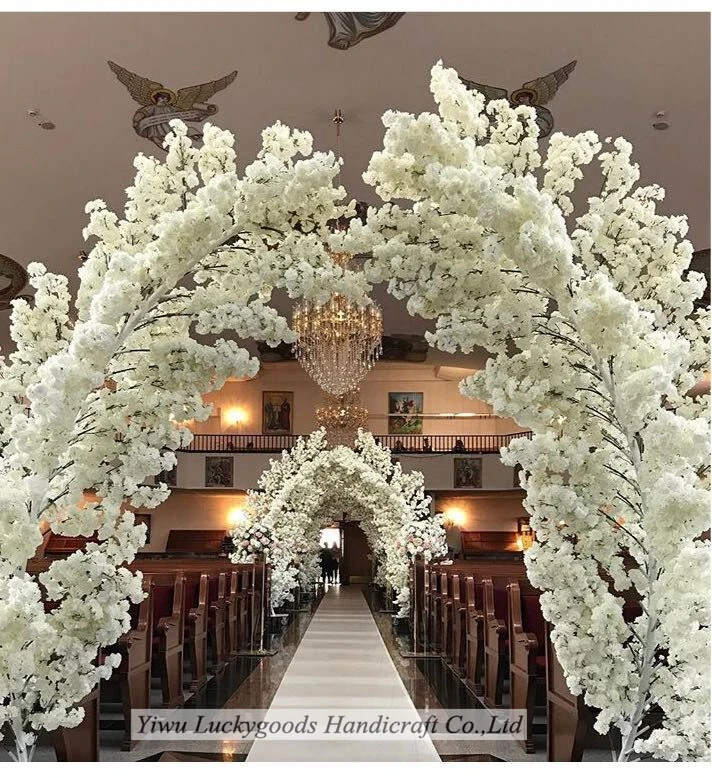 Luckygoods LG20180831 3m white silk full branch cherry blossom flower tree in pair  for wedding party events walkway decoration