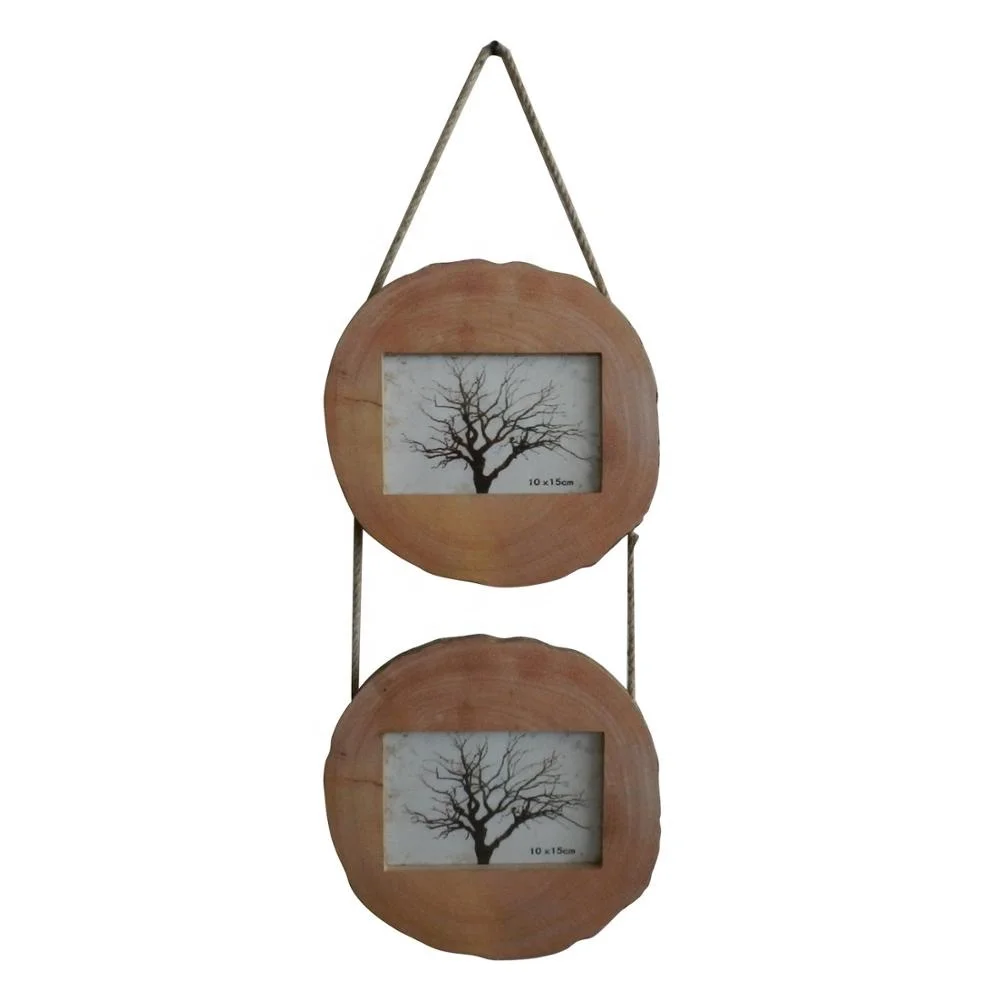 
Country Antique Hemp Rope Hanging 2 Opening Wooden Photo Picture Frame Wall Hanging Photo Collage Frame 