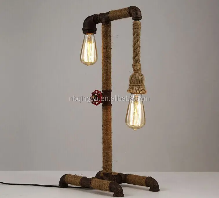 China supplier vintage lighting water pipe table lamp hemp rope lamp with double bulbs lamp