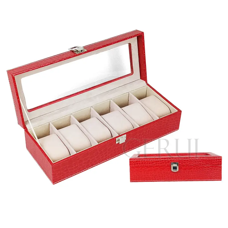 Luxury Flip Top Mens Wooden Watch Storage Box Rectangular Packaging 6 Slot Watch Display Case
