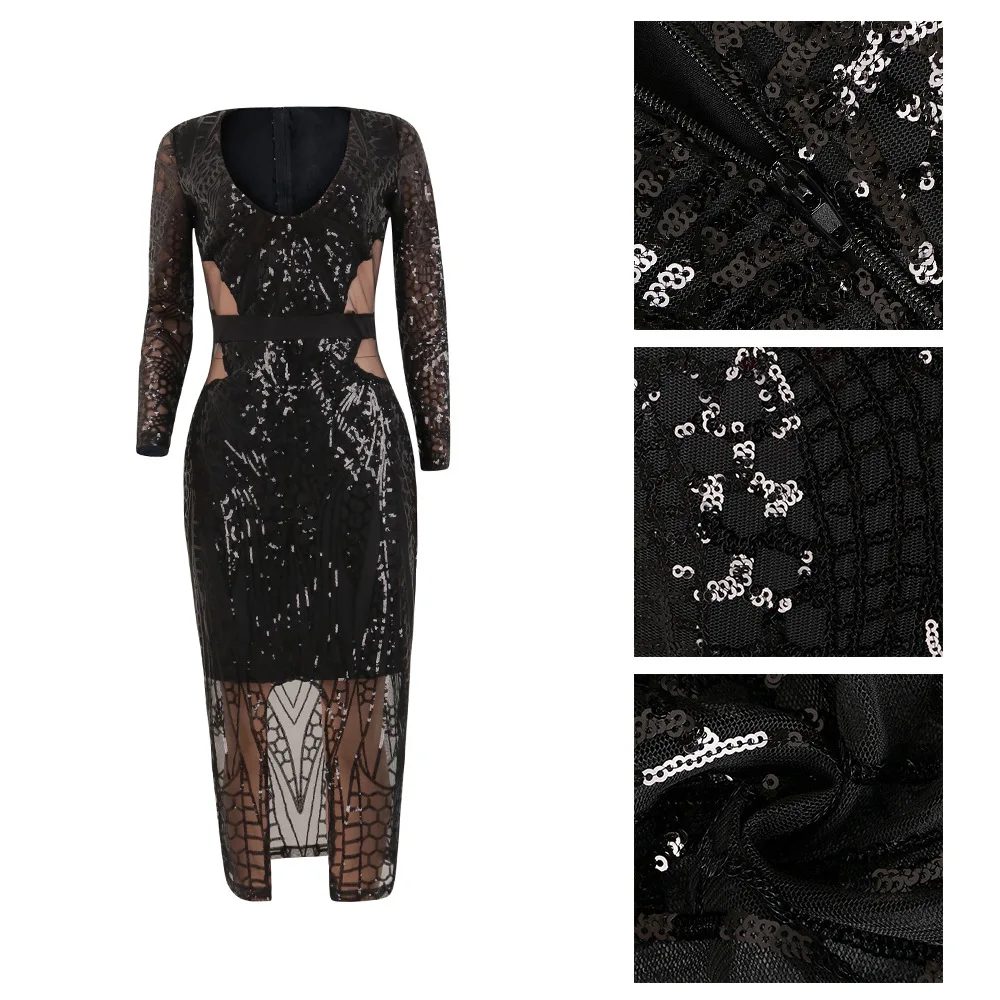 Women Lace Evening Party Sequined Dress Ladies Empire Waist Mid-calf Dress V-Neck Long Sleeve Dresses