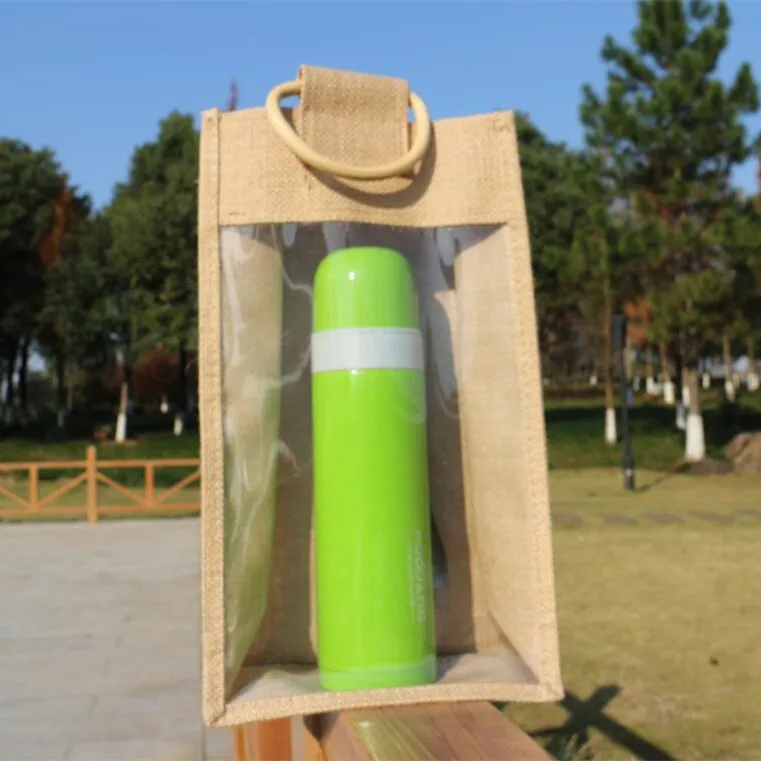 Linen bag custom portable linen wine bag custom transparent PVC window yellow linen bag