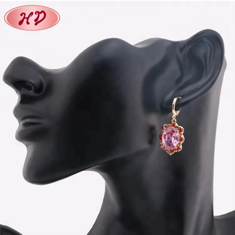 24K Gold Plated Hanging Diamond Earrings With Cubic Zirconia Red Stone