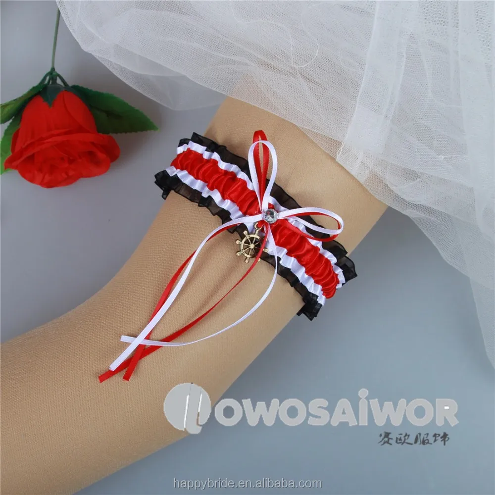 Набор эластичных свадебных поясов для чулок из органзы с красной лентой и черной тесьмой HT0057