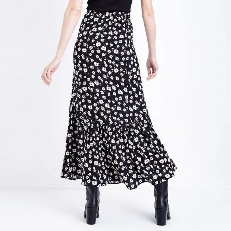 Custom Elegant Skirt for Women Summer Long Chiffon Skirt with Empire Side Slit Floral Maxi Skirt