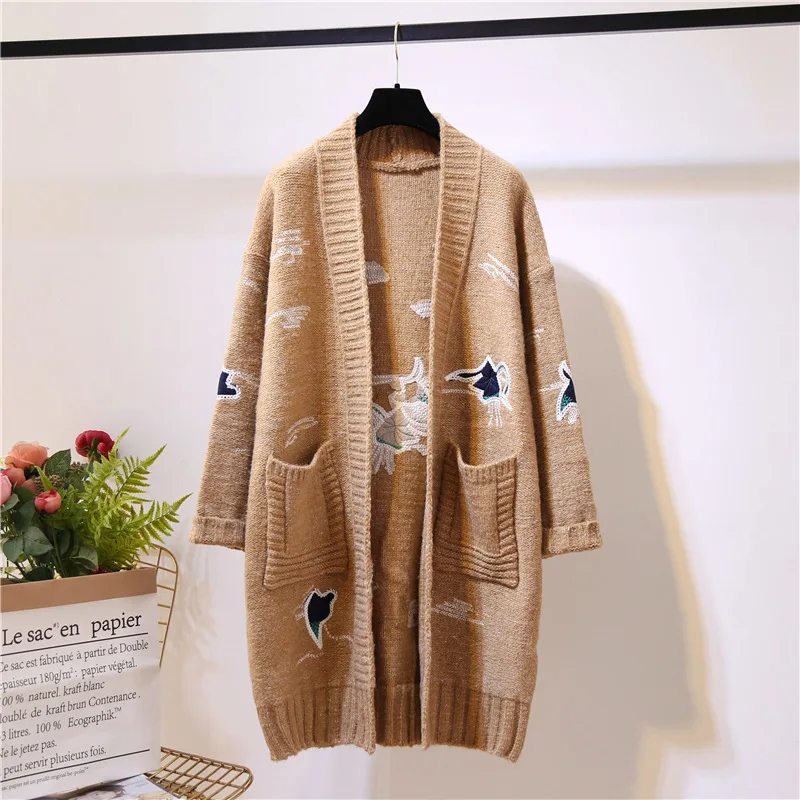 2018 winter autumn latest v-neck front open embroidery lady packets coat women knitted long cardigan