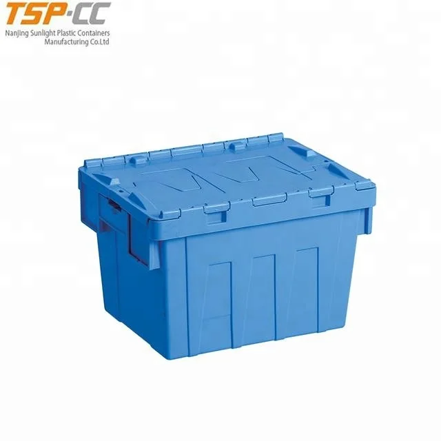 Heavy-duty blue lidded Plastic Container attached lid crate