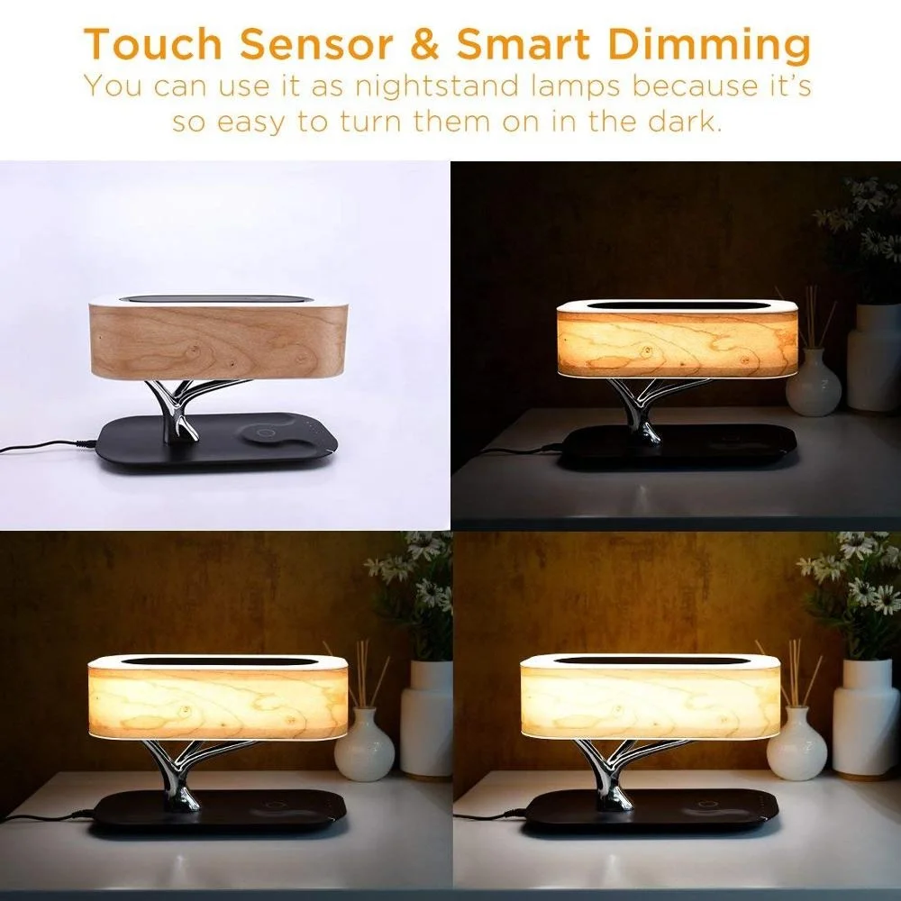 Bluetooth-колонка с беспроводным зарядным устройством, режим сна, плавное затемнение, освещение с деревом, настольная лампа с беспроводной зарядкой