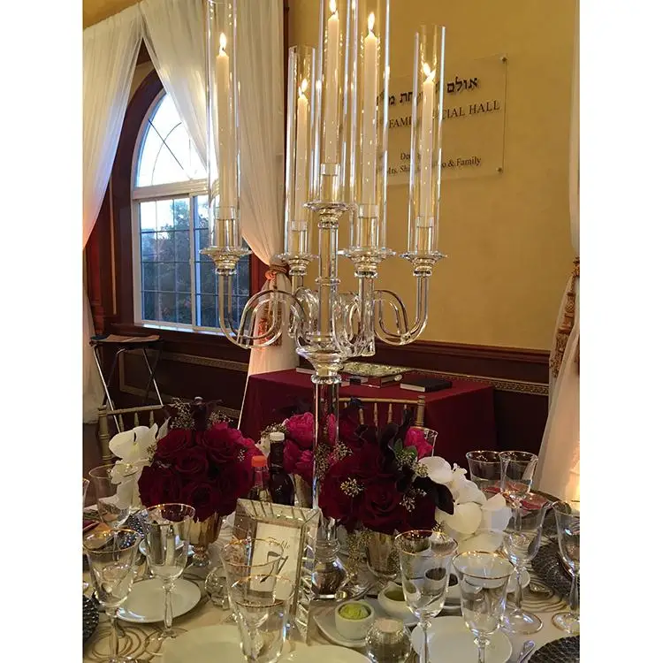 
HOT SALE Custom Design cheap 9 arms beaded glass wedding candelabras on sale 