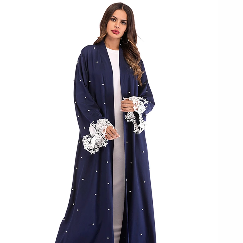 Beading Pearl Lace Kimono Cardigan Muslim Hijab Dress Turkish Islamic Clothing Plus Size Robe Malaysia Abaya Dubai Kaftan Women