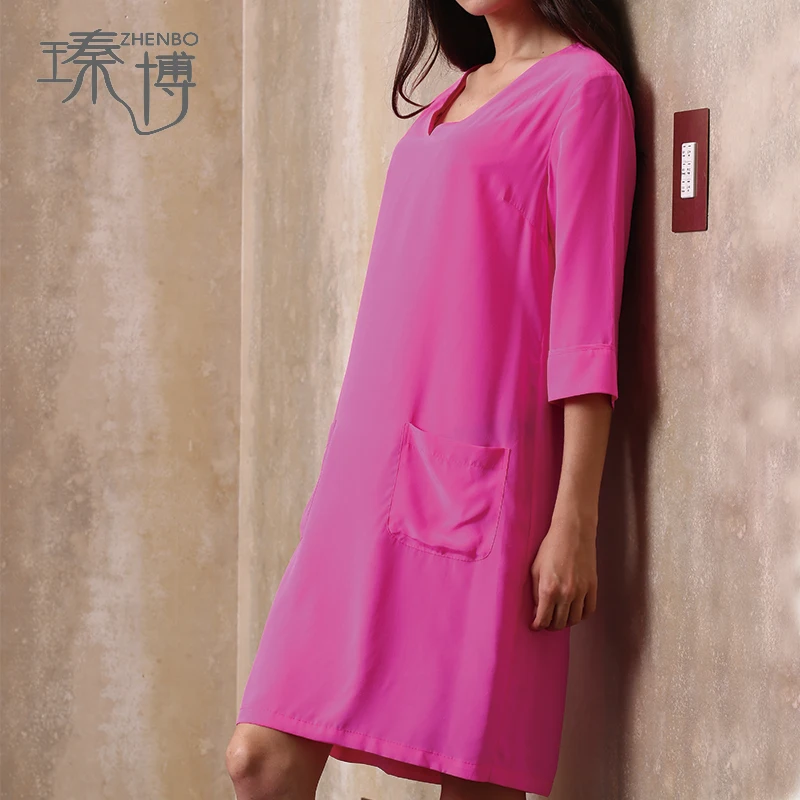 Sale Pure Silk Crepe Stone Washed Basic V Neck A Line Tunic Shirt Dress for female