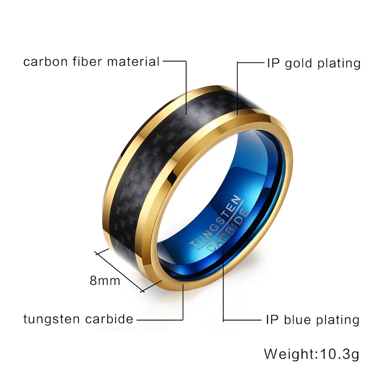 manufacture  High Quality 8mm ring  wide ip gold plating carbon fiber material tungsten carbide