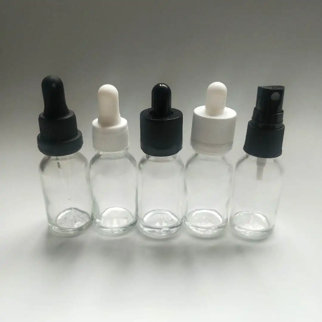 Clear glass bottle, clear oil bottle with perfume spray and dropper cap