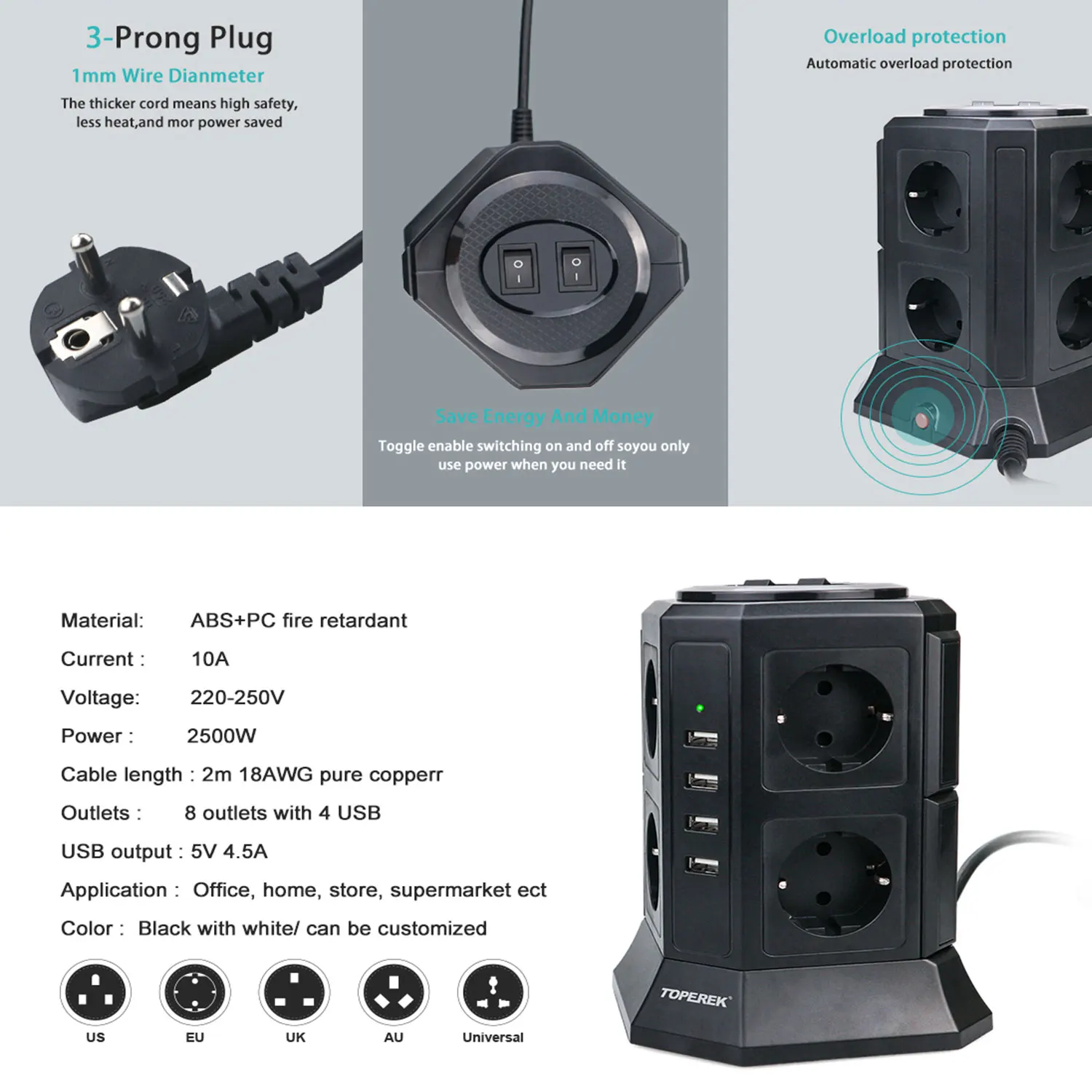 Многофункциональная Вертикальная Розетка с защитой от перенапряжения с вилкой европейского стандарта и USB-разъемом для зарядной станции для Турции