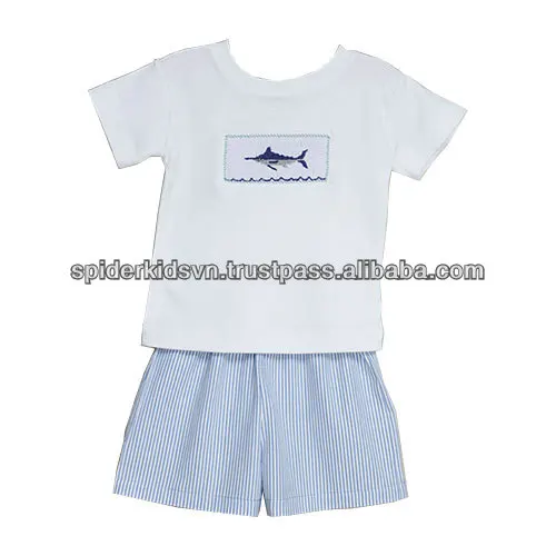 White Marlin Smocked Tee & Light Blue Short Sets