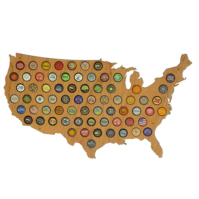 New design wooden world map wall decor beer lids map